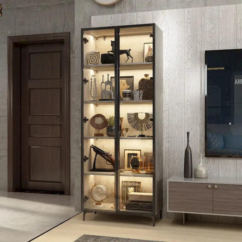 Display Storage Cabinet Showcase with Glass Doors and LED Light