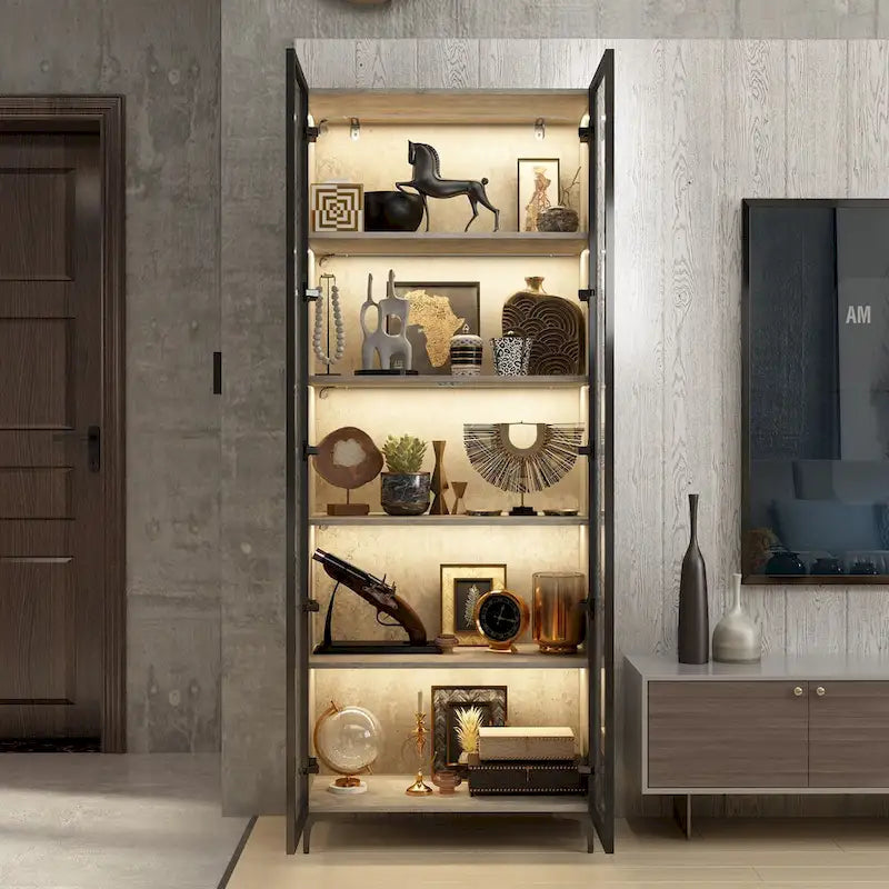 Display Storage Cabinet Showcase with Glass Doors and LED Light