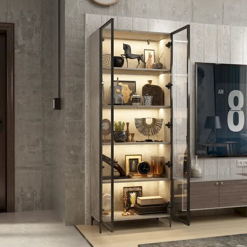 Display Storage Cabinet Showcase with Glass Doors and LED Light