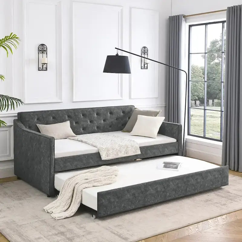Twin Size Upholstered Tufted Sofa Bed Daybed with Twin Size Trundle