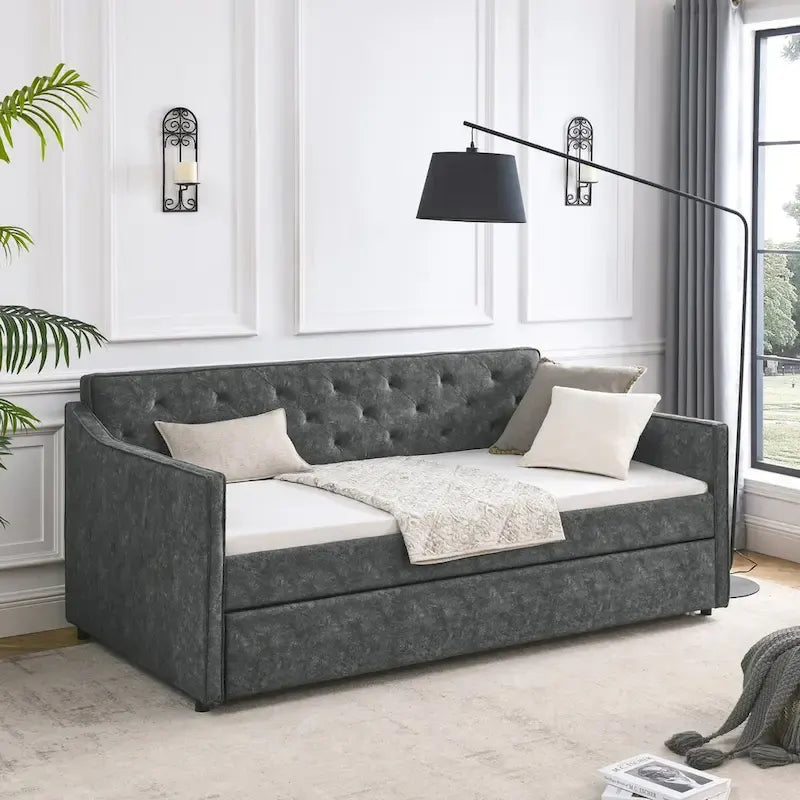 Twin Size Upholstered Tufted Sofa Bed Daybed with Twin Size Trundle