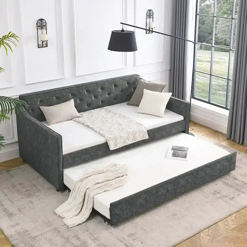 Twin Size Upholstered Tufted Sofa Bed Daybed with Twin Size Trundle