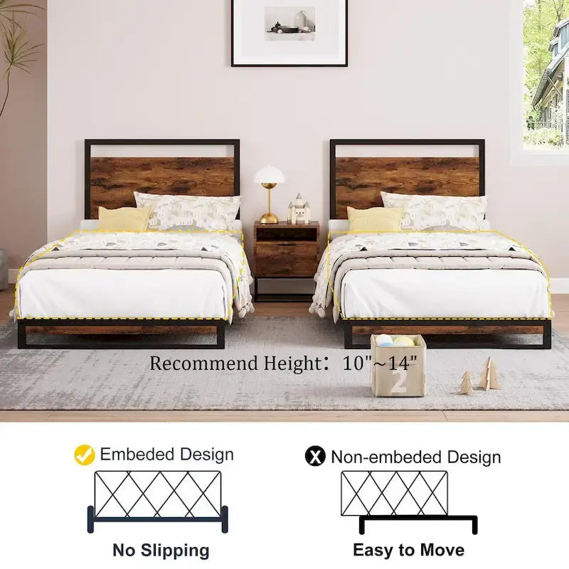 Metal Platform Bed Frame with Wooden Headboard and Footboard