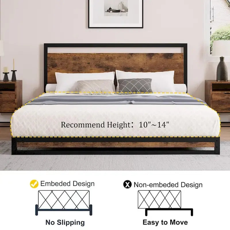 Metal Platform Bed Frame with Wooden Headboard and Footboard