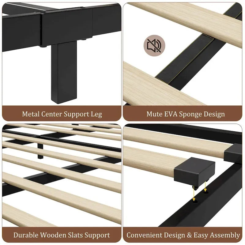 Metal Platform Bed Frame with Wooden Headboard and Footboard