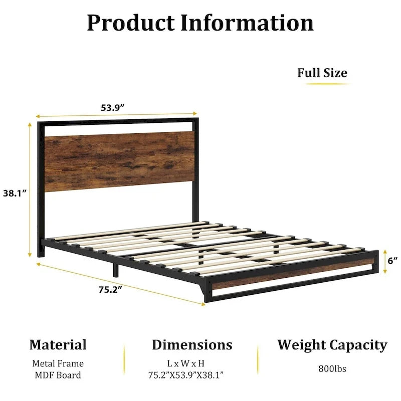 Metal Platform Bed Frame with Wooden Headboard and Footboard